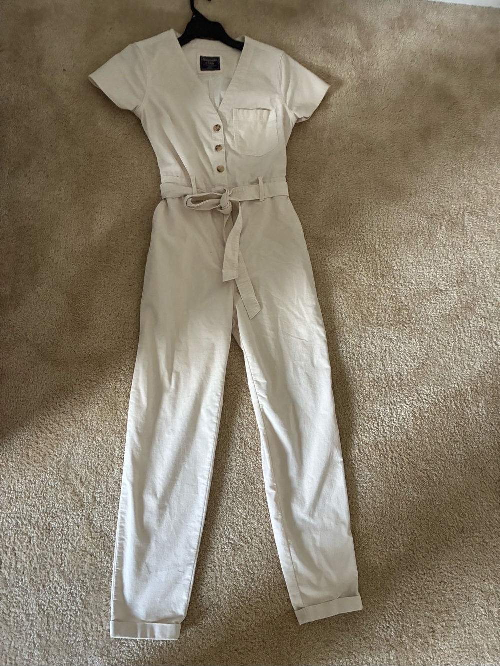 Abercrombie and Fitch Cream Utility Short-Sleeve Belted Jumpsuit